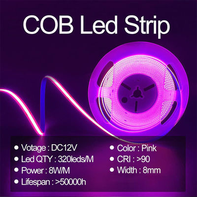 Hohe Helligkeit COB Led Streifenlicht CE RoHs IP20 Ra90 8mm Breite 12V 24V 320Leds Rosa