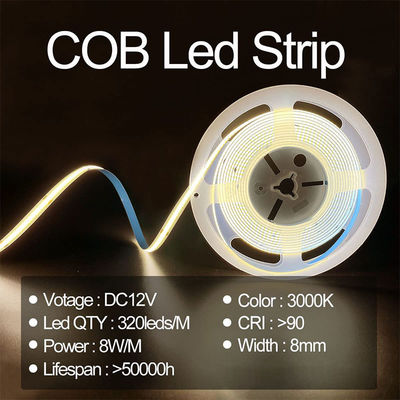 8mm Breite 12V 24V 3000K Warm COB Led Streifenlicht CE RoHs IP20 mit 50000 Stunden Lebensdauer