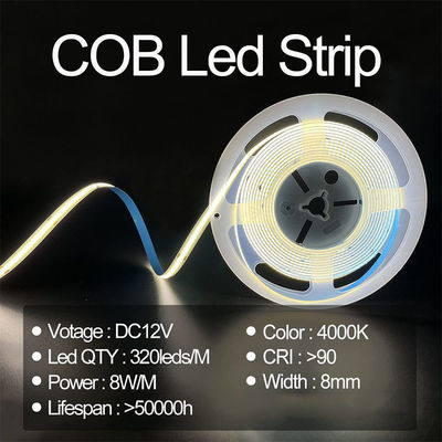 High Lumen COB LED Streifenlicht CE RoHs IP20 8mm Breite 12V 24V 4000K Naturbeleuchtung