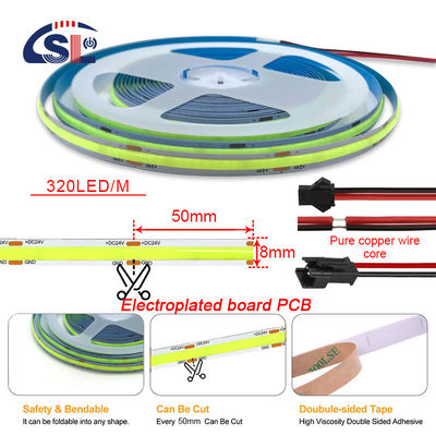 Wasserdicht Grünes Flexibles Streifenlicht Hohe Dichte COB LED CE RoHs IP20 Ra90 8mm Breite 12V24V 320Leds