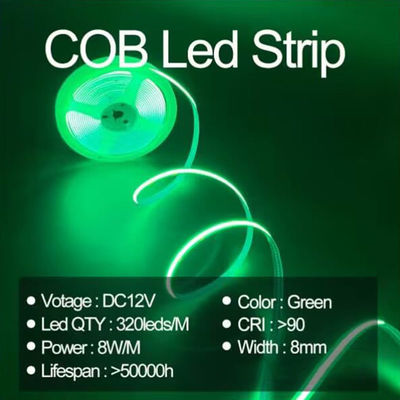 Wasserdicht Grünes Flexibles Streifenlicht Hohe Dichte COB LED CE RoHs IP20 Ra90 8mm Breite 12V24V 320Leds