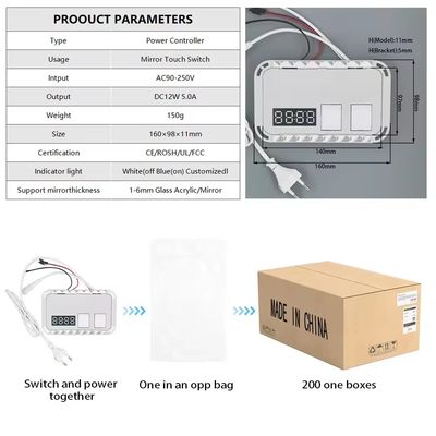 60W Mini Smart Mirror Touch LED Lichtschalter mit Defogger DC12V Zeit- und Temperaturanzeige